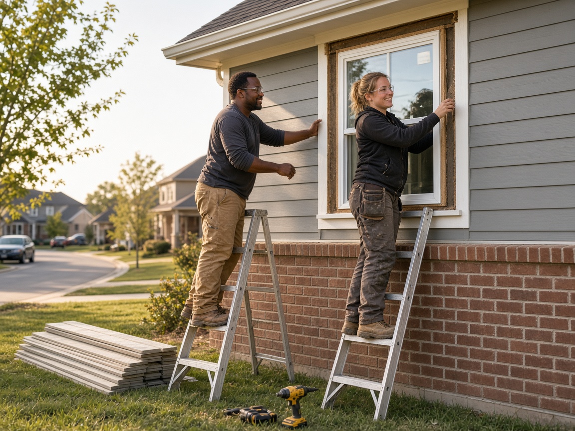 Crew installing siding and a window on a home exterior