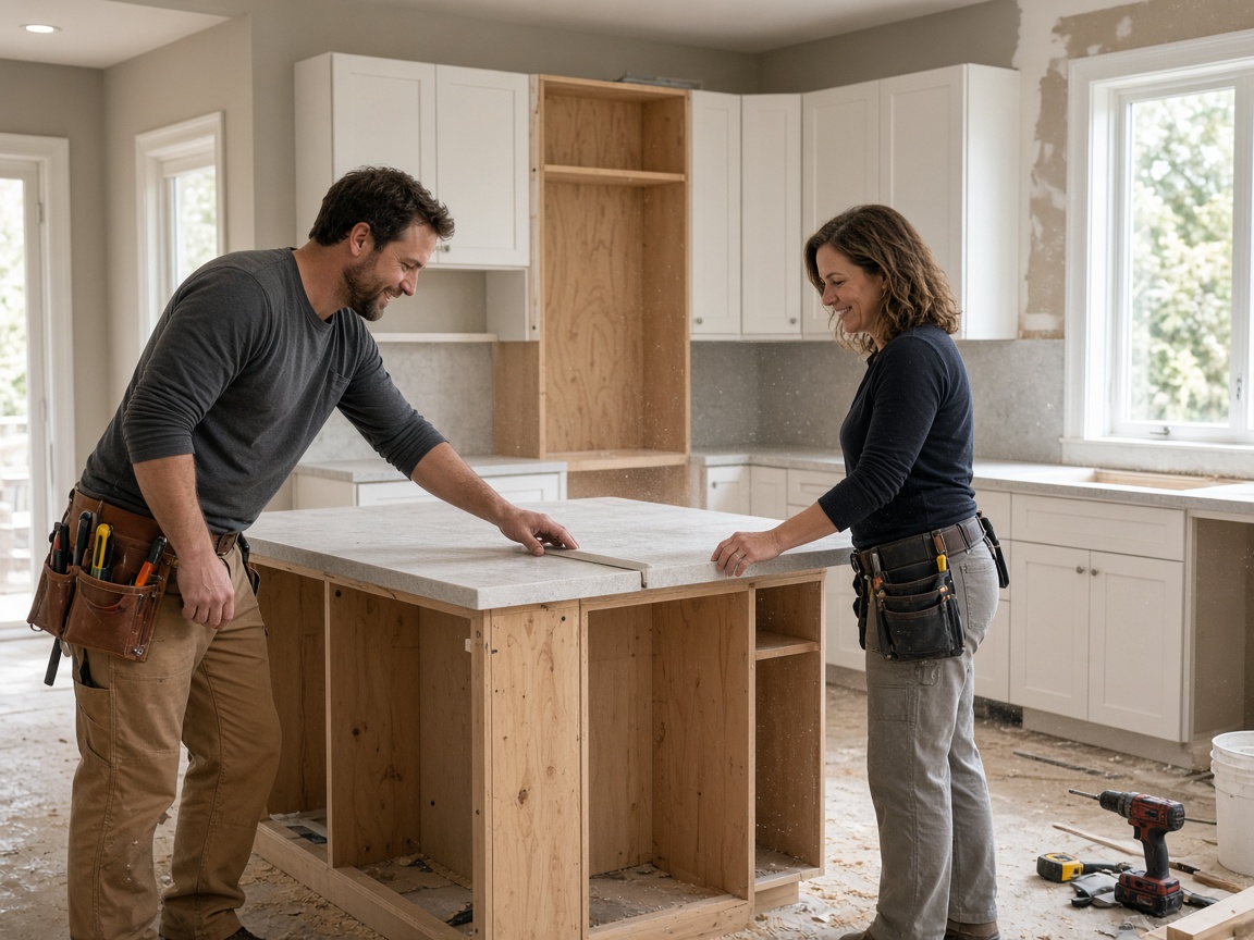 Carpenters installing cabinets during a luxury kitchen remodel