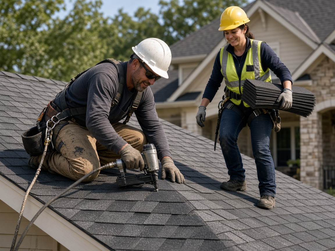 Crew installing architectural shingles on a residential roof