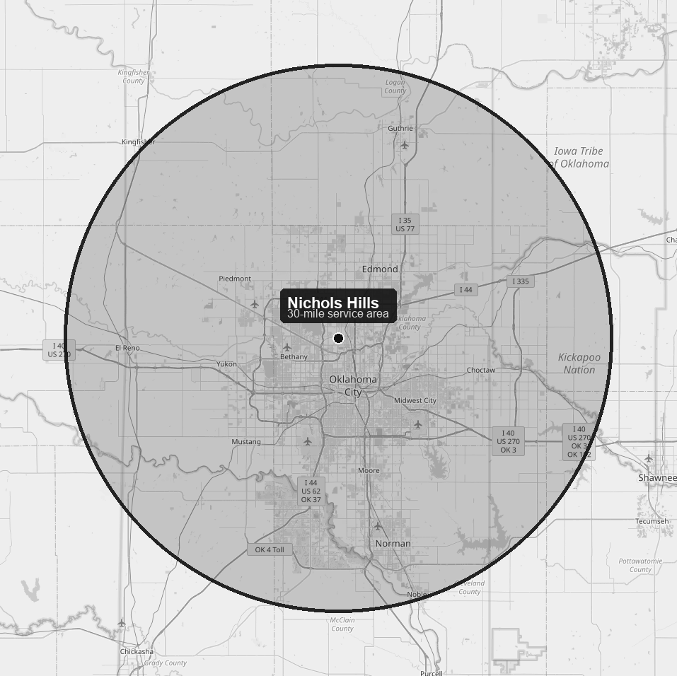 Map of a 30-mile service radius around Nichols Hills, Oklahoma, covering Oklahoma City, Edmond, and nearby cities